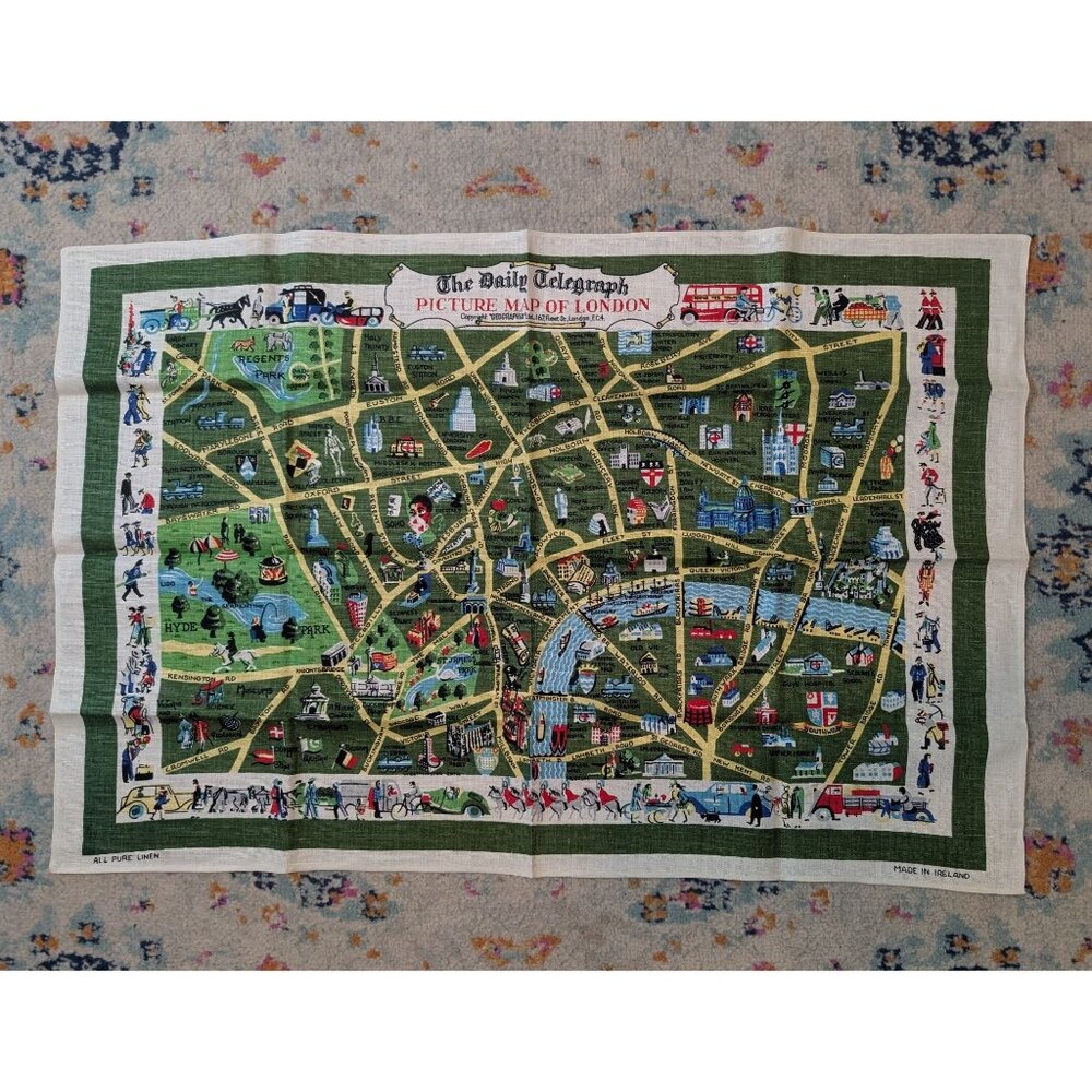 Vintage Mid Century Irish Linen Souvenir Tea Towel - Picture Map of London‎